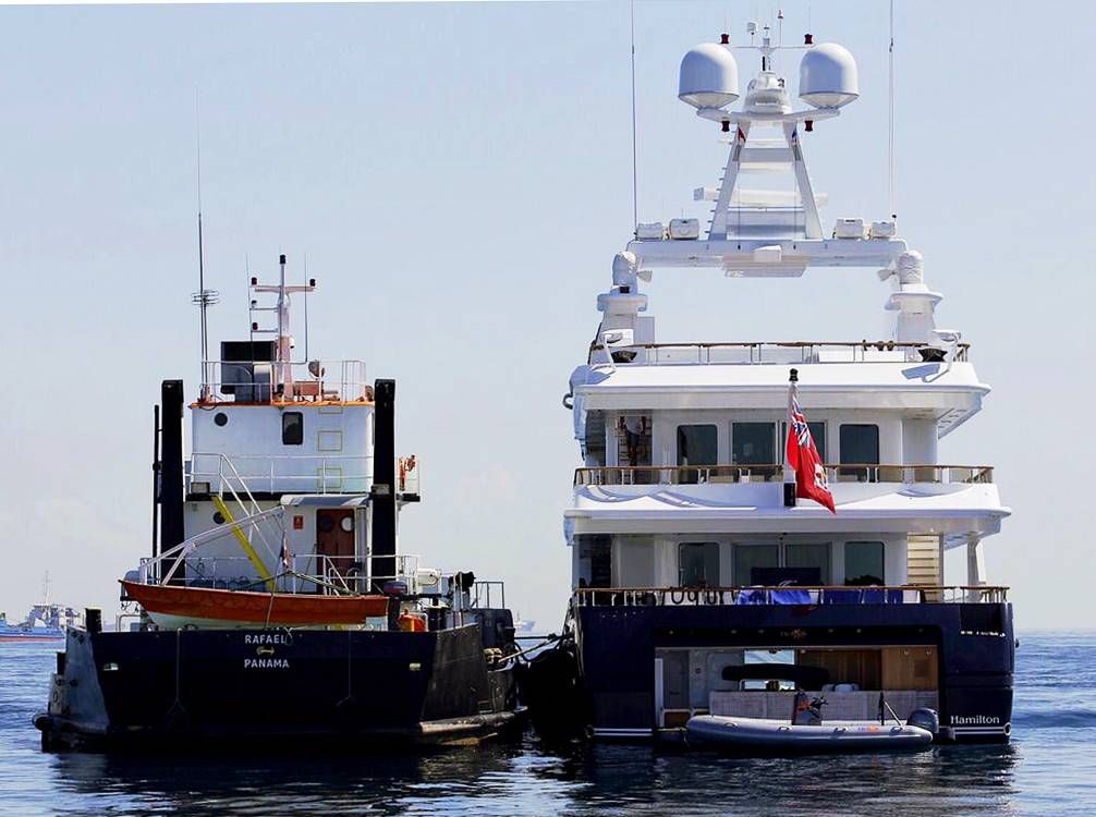 A superyacht made fast alongside the Nolkata Marine landing craft