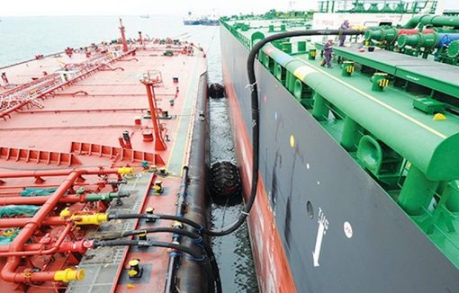 Bunker hoses rigged between two vessels during a physical bunker supply in Panama